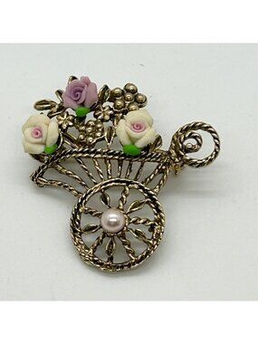 Vintage Gold Tone Flower Cart Brooch Pink White Acrylic Roses And Faux Pearl